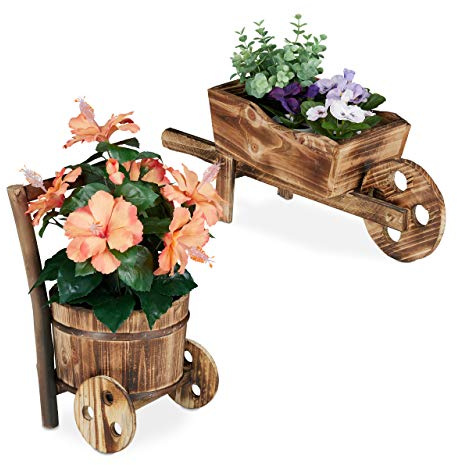 Relaxdays Pflanzschubkarre, 2er Set, flambiertes Holz, Gartendeko, Vintage Design, Blumenkarre zum Bepflanzen, Natur