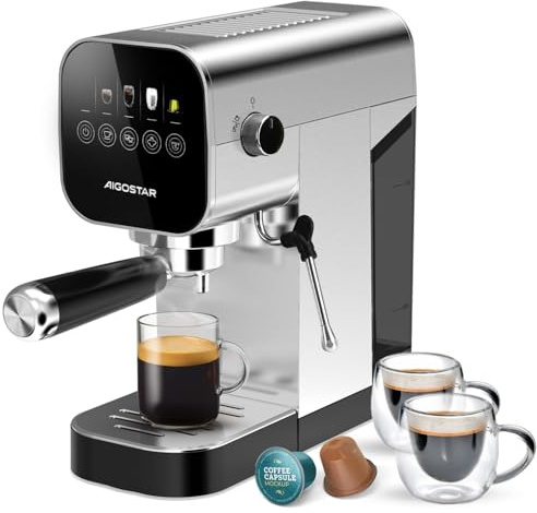 Aigostar Espresso Siebträgermaschine 20 Bar für Kapseln & Kaffeepulver | Touchdisplay, Milchaufschäumer, 1 oder 2 Tassen, 0,9 L Wassertank, 1350 W, Edelstahl, ideal für Cappuccino und Latte