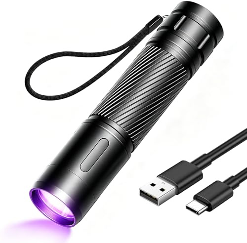 GEARLITE LED UV Taschenlampe Aufladbar, Mini UV Lampe Schwarzlicht Flashlight, 395nm Zoombare Ultraviolettes Licht Torch IP65 Wasserfest für Bernsteinsuche Geocaching Heimtierurindetektoren Falschgeld