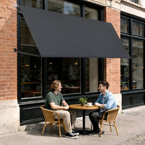 Jayseuw Fallarmmarkise Markise einziehbar 150x150cm, Stützarm 70-120cm verstellbar, 2m Perlenkette, Wandmontage, Sonnenschutz & Windschutz für Balkon Terrasse Garten, Dunkelgrau