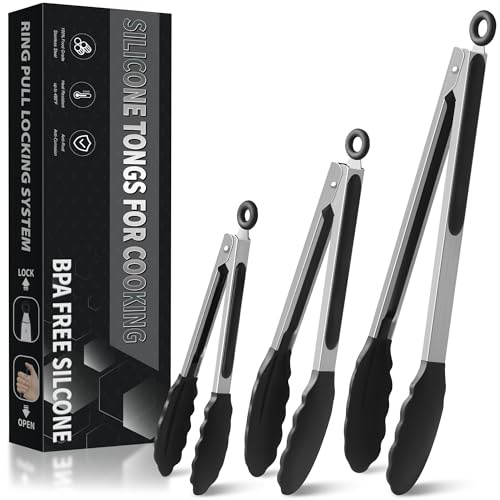 Küchenzange, 480°F Hitzebeständige Grillzange Kochzange, Edelstahl und BPA-freie Silikonspitzen, Zange Küche mit Hitzebeständigem Silikongriff, ideal zum Kochen und Grillen, 18/23/30,5cm (3er-Set)