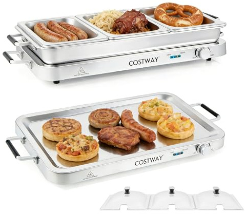 COSTWAY Buffetwärmer 450W, 3 in 1 Warmhalteplatte elektrisch, mit Deckel | 50 - 150℃ Temperaturregler, inkl. 3 x 3L Wärmebehälter & 5L Wasserschale, Chafing Dish für Alltag, Partys, Buffets & Catering
