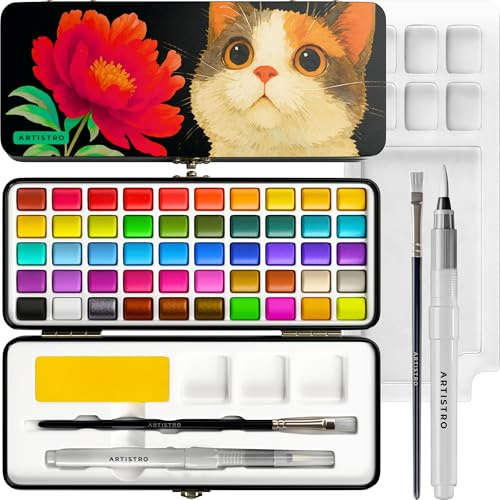 Artistro 50 Aquarellfarben Set – Leuchtende Farben in tragbarer Box, Set mit Mischpalette – Perfektes Reise-Aquarellfarben Set für Künstler, Hobbykünstler und Maler – Tolles Geschenk
