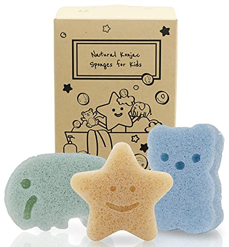 myHomeBody Konjac Badeschwamm, Natürlicher Konjak-Schwamm aus Pflanzenfasern, Shower & Bath Körperreinigung, Body Wash Zubehör, Loofah, 3 Stück : Elefant, Bär & Stern