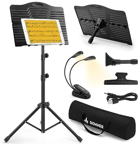 Donner Notenständer Faltbarer Reise-Metallständer Verstellbar DMS-1 mit Tragetasche, drehbares aufladbares Musiklicht und Clip-Halterung, tragbarer Projektorständer, Laptop-Ständer, Musikordner