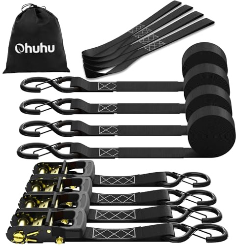 Ohuhu Spanngurte mit Ratsche und Haken 4 Stück - 4 cm x 4,6 m 1500 kg Bruchlast, Ratschen Set - Ratschengurt 2-Teilig - Zurrgurte Schwarz mit Sicherheits-S-Haken für LKW, Ladung, Umzüge, Geräte