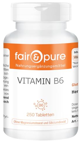Fair & Pure Vitamin B6 22,5mg, 250 Tabletten, schluckfreundlich, Pyridoxin HCl, veganes Nahrungsergänzungsmittel ohne Zusätze, in Deutschland hergestellt