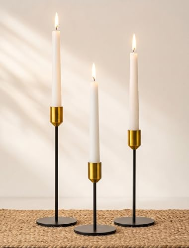 Romadedi Kerzenständer Gold & Schwarz - 3er-Set Hoch Kerzenhalter Unterschiedlicher Größe für Stabkerze Kerzen Metall Vintage Modern Deko Tischdeko für Weihnachten Hochzeit Wohnzimmer, 24/20/14 cm