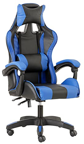 Baroni Home Gaming-Stuhl, ergonomischer Bürostuhl, gepolstert Gaming Sessel mit bequemer, Verstellbarer Rückenlehne, Gamer Chair mit Kopfstütze und Lendenwirbelstütze, Blau