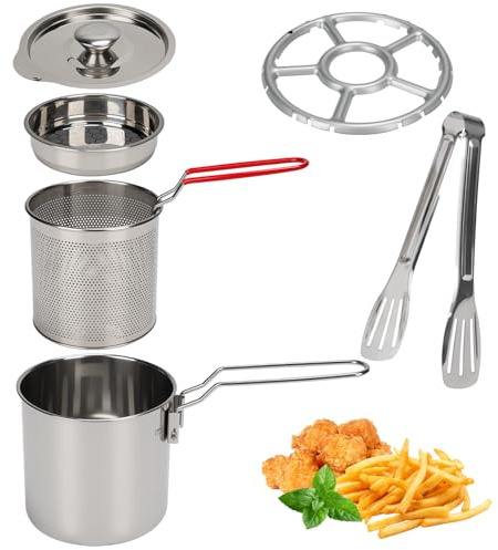 Frittiertopf Edelstahl, 1.2L Mini Fritteuse mit Frittierkorb und Sieb, Fettbehälter Ölfiltertopf mit Deckel Clip und Herdrost, Kleine Japanische Sparfritteuse für Pommes, Fisch, Hühnerflügel