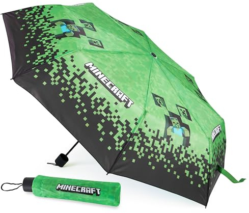 Minecraft faltbarer Regenschirm - leichter Kinder Taschenschirm für Jungen (Schwarz/Grün)