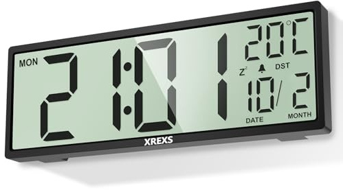 XREXS 14,5 Zoll Digital Wanduhr, Zeit, Kalender, Temperatur, DST-Funktion, batteriebetrieben, für Schlafzimmer, Wohnzimmer, Klassenzimmer, Büro (Schwarz)