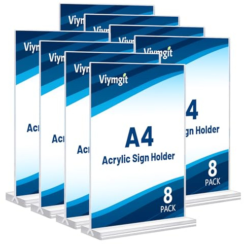 8 Stück Aufsteller DIN A4, glasklarer T-Ständer Hochformat Acryl A4 Werbeaufsteller, Tischaufsteller für Werbung, Speisekarte, Hinweisschild