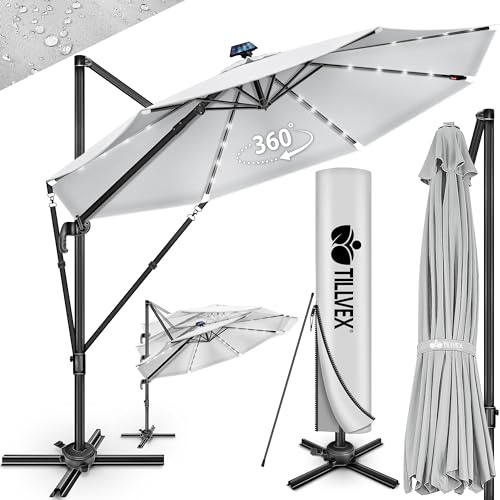 tillvex® Premium Alu Sonnenschirm LED Solar 330 cm + Abdeckung & Windsicherung | Ampelschirm 6-Fach Verstellbar mit Kurbel | Gartenschirm 360° Drehbar Neigbar Kippbar | Kurbelschirm UV50+ wasserdicht