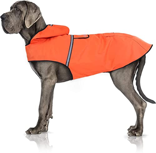 Bella & Balu Hunderegenmantel - Wasserdichter Hundemantel mit Kapuze und Reflektoren für trockene, sichere Gassigänge, den Hundespielplatz und den Urlaub mit Hund (M - Orange), hundewindeln