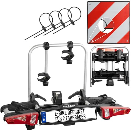 MSZweirad Uebler Fahrradträger i21 S 60° für 2 Fahrräder Auto Kupplungsträger klappbar E-Bike MTB inklusive reflektierende Warntafel 50x50cm mit Transporttasche