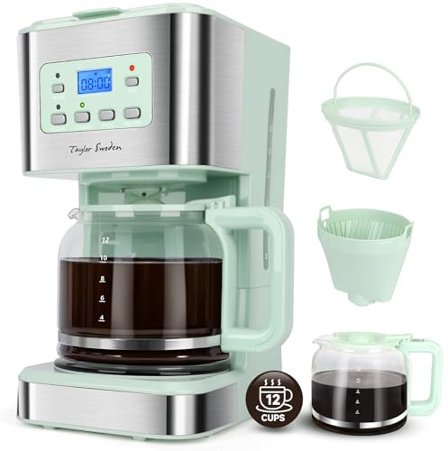 Taylor Swoden Kaffeemaschine mit Timer, 1.5L Filterkaffeemaschine 12 Tassen, Abschaltautomatik, Tropf-Stopp, Wiederverwendbarem Filter und Heizplatte, BPA-frei, 950W, Grün
