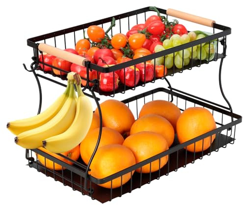Cozary 2 Stockig Obstkorb Etagere, Obst Etagere mit 2 Ablagebrettern, Fruits Basket Stapelbar, Raumsparend, Gemüse, Snacks zu Hause, Küche, Büro, Etagere Schwarz, 37x24x23cm