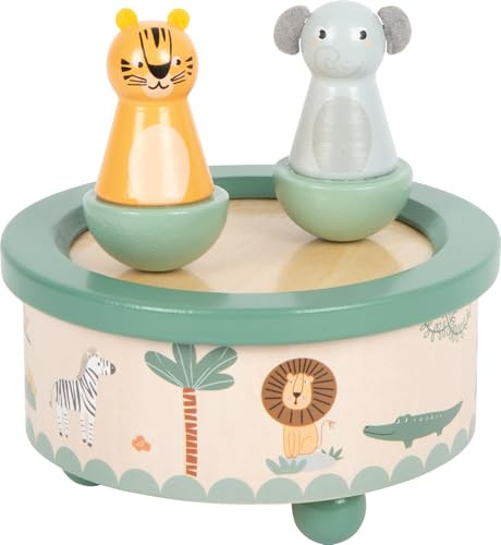 small Foot Spieluhr „Safari“ aus FSC® 100%-zertifiziertem Holz, kindgerecht gestaltet mit Tiger und Elefant, für Kinder ab 2 Jahren, 12738, Warm
