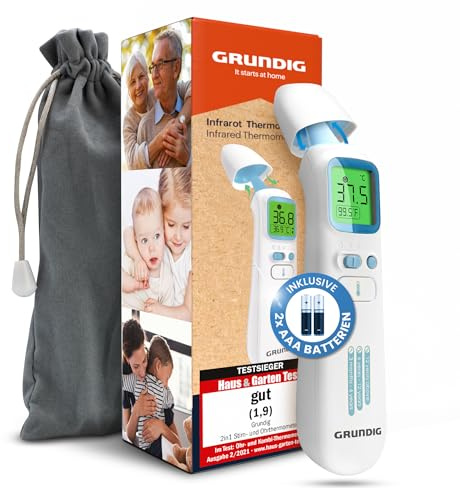 GRUNDIG Fieberthermometer Testsieger - ohne Folgekosten - Thermometer für Baby Kinder Erwachsene - hochpräzise kontaktlos und digital Fieber an Ohr Stirn und Objekten (inkl. Batterien)