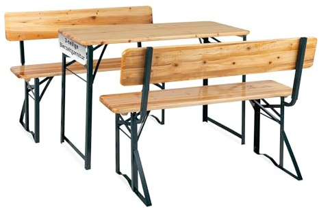 Stagecaptain BBDL-119 NT Hirschgarten Bierzeltgarnitur mit Lehne für Balkon - 119 cm Länge - Klappbare Festzeltgarnitur 1x Tisch, 2X Bank - Holz Sitzgarnitur - Innen & Außenbereich - Natur
