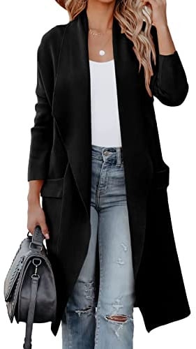 kinstell Lässige Damen-Strickjacke, langärmelig, vorne offen, drapiert, Lange Strickjacke, Jacken, Pullover, Mantel, Blazer mit Taschen