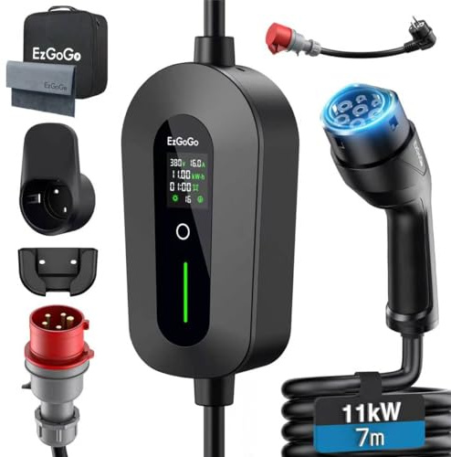 EzGoGo Mobile Wallbox 11kW Ladegerät Typ 2 (3-phasig) mit 7m Ladekabel CEE 16A auf Typ 2 inkl. Alltags-Adapter-Set | EV Ladestation [6/8/10/13/16A] | Hochwertiger IP65 Schutz | Für EVs & PHEVs
