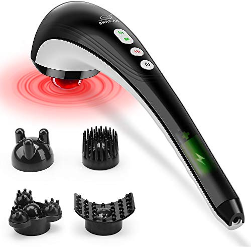 Snailax kabelloses Massagegerät, Perkussion Handmassagegerät mit Wärmefunktion und austauschbare Knoten, Wiederaufladbar mit einstellbare Intensität, Tiefenmassagegerät für Nacken, Rücken, Geschenk