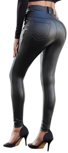 North Bund Damen Kunstleder Thermo Leggings High Waist Lederhose Winter Strumpfhosen Leder Leggins Hose Sexy Stretch Hüfthoch Push Up Treggins Thermoleggins Schwarz L