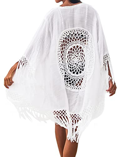 CUPSHE Damen Bikini Cover Up Beachwear Kimono Quaste Häkeleinsätzen Lang Strandponcho Badeanzug Cover Ups Cardigan