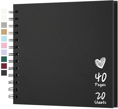 Hiwhy Fotoalbum Scrapbook 18x18 cm, 20 Blatt/40 Seiten, DIY Fotoalbum zum Selbstgestalten mit Hardcover Spiralbindung, Kraftpapier Erinnerungsbuch für Baby, Hochzeit, Geburtstag, Geschenk, Schwarz