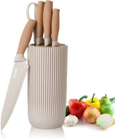 Justup Messer Set, 6-teiliges Khaki Messerblock Set für Küche (Khaki) | Scharf Edelstahl Messerset Set mit Universal-Messerblock, Profi Küchenmesserset, Geeignet für Home Restaurant Picknick