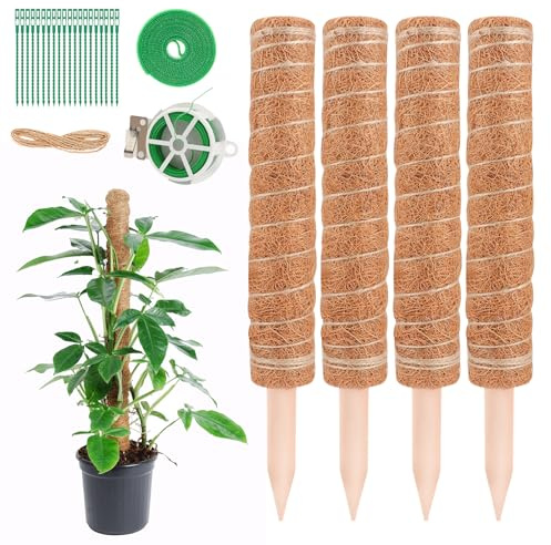NVIYAM 4 Stück 40CM Moosstab Monstera, Pflanzstab Kokos Monstera, Monstera kokosstab, Monstera Rankhilfe für Pflanzen, Pflanzenstütze, Rankhilfe Pflanzstab, für Kletterpflanzen Natürlicher Kokosstab