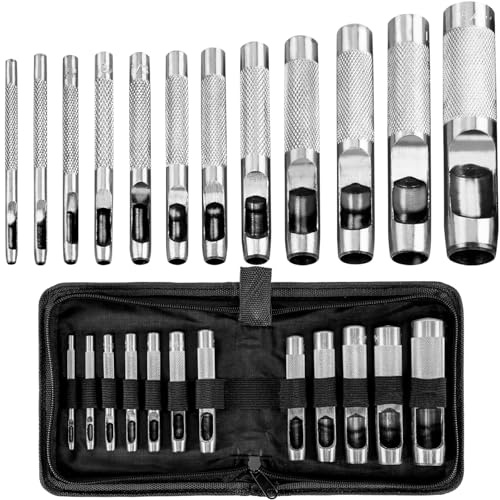 Optimiert Locheisen Set, Lochstanzer, 12 Stahl Locheisen Set Leder 1/8 ''-3/4 '' (3-19 mm), Locheisen Satz für Leder, Uhrenarmband, Dichtung Gürtel, Schuh, Stoff, mit Aufbewahrungskoffer