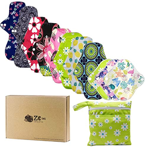 ZCOINS Stoffbinden Waschbar, Mixpack 11 Teiliges(6M+2XL+3MINI), Auslaufsichere Wiederverwendbare Slipeinlagen Set für leichte mittelschwere und schwere Blutung oder über Nacht mit nassem Beutel