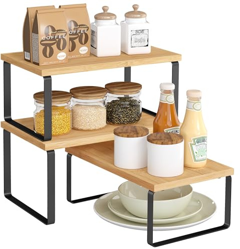 SONGMICS Gewürzregal, 3er Set, stapelbar, erweiterbar, Metall | Küchen-Organizer, Küchenregal, Holzwerkstoff, tintenschwarz-naturbeige, BYSTRO Kollektion KCS014YL03