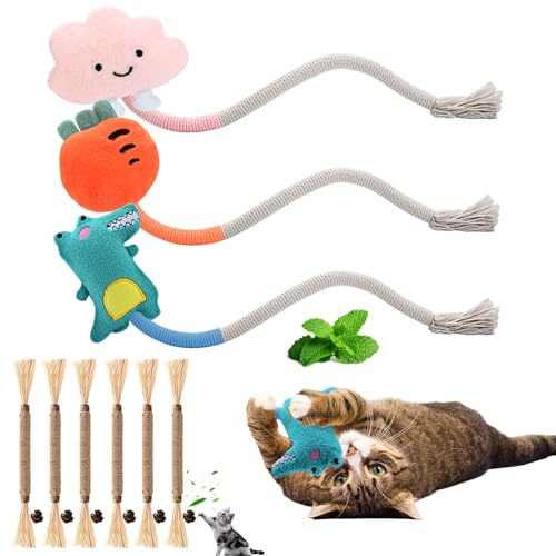 9 Stück Kauspielzeug Katze mit 3 Beißseilen für Katzen und 6 Katzenminze Sticks,Interaktive Beißseil,Katzenspielzeug,Katzen Zahnpflege und Gegen Mundgeruch,weihnachtsgeschenke