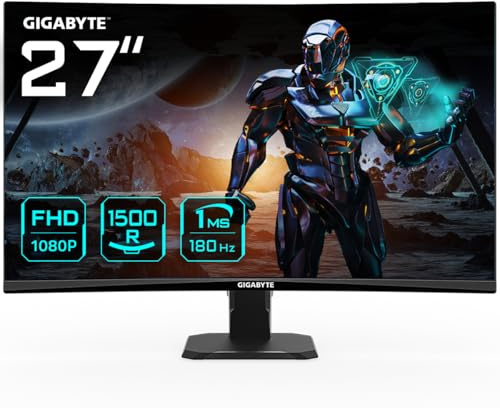 Gigabyte GS27FC 27 FHD Curved Gaming Monitor - 1920 x 1080, 1500R, 180Hz, 1ms, 250 cd/m², FreeSync Premium, HDR Ready, HDMI 2.0, DisplayPort 1.4