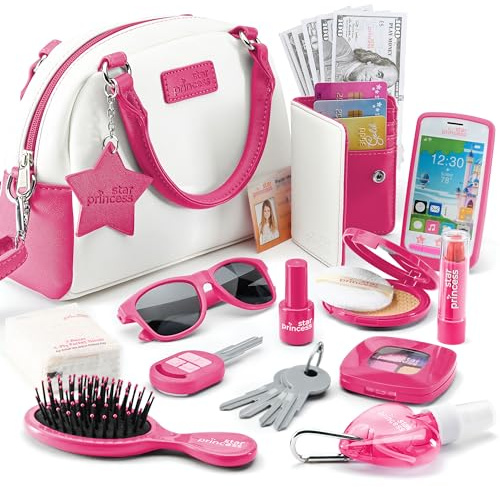 Mein erstes Vortäuschen Handtasche für kleine Mädchen mit Zubehör und Spiel-Make-up für Kleinkinder. Enthält EIN Telefon, Geldbörse, Rollenspiel-Spielzeuge ab 3 Jahren. Tolles Geschenk für Mädchen.