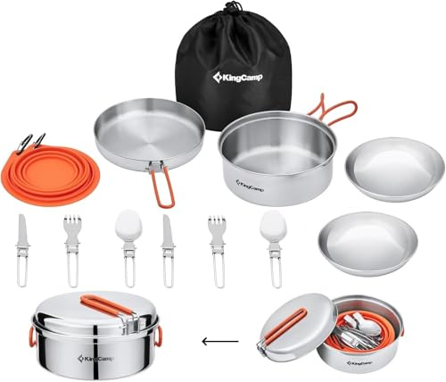 KingCamp Camping Geschirr Set, Camping Kochgeschirr aus Edelstahl, Camping Töpfe mit Faltbare Besteck, Ultraleicht Camping Topf Pfanne Set für Campingkocher, (Kochgeschirr Set für 2 Personen)