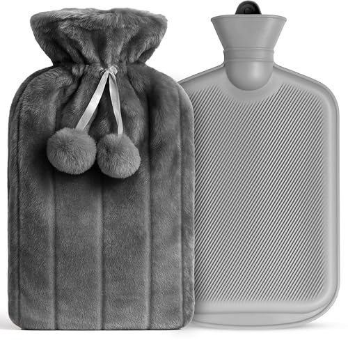 2-Liter Wärmflasche – Grau Wärmflasche mit Bezug, Plüsch-Wärmekissen für Regelbeschwerden, Nacken- und Schulterschmerzen, für Kinder, Erwachsene oder als Geschenk