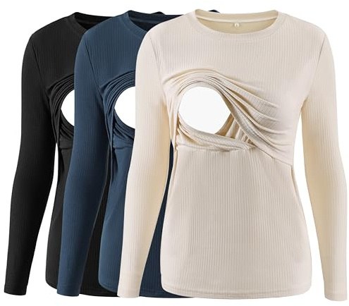 Love2Mi 3er Pack Damen Stillshirt Langarm Stilltops mit Doppellagigem | Weicher Rippstoff, Elastischer Bequeme Passform, Doppellagiger Stillzugang, Für Zuhause & Unterwegs