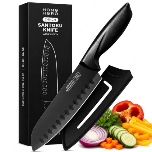 Home Hero Messerset mit ergonomischem Griff - rasiermesserscharfes Mehrzweck-Küchenmesser aus Edelstahl mit hohem Kohlenstoffgehalt (2 Stück Set Santokumesser + Mantel)