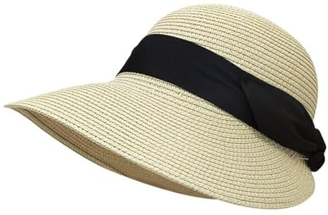 Feelorna Damen Strohhut, UV-Schutz Sonnenhut mit Breite Krempe Atmungsaktiv Strandhut Faltbarer Sommerhut für Reise Urlaub (DE/NL/SE/PL, Alphanumerisch, Einheitsgröße, Beige)