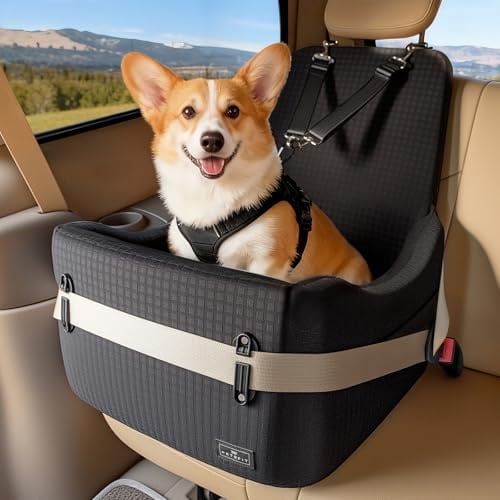 PETSFIT Hundesitz für Auto bis 15 kg – 13cm Memory Foam Booster für kleine & mittelgroße Hunde, Sicherheitsgurt-System, Abnehmbarer & waschbarer Bezug, für Reisen & Zuhause (Schwarz)