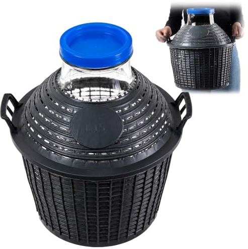KADAX Glasballon, Gärballon mit Kunststoffkorb, Weite Öffnung, Gummistopfen, Weinballon, Glasgärballon, Flasche, Glasflasche, Gärbehälter, Gallone, Gäreimer (15L)