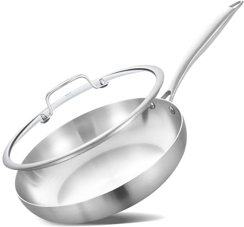 Inqibee Edelstahlpfanne Bratpfanne Unbeschichtet 22 cm mit Deckel | Kleine Pfanne Edelstahl, Stainless Steel Frying Pan, Für Induktion & alle Herdarten - Ofenfest, Spülmaschinenfest