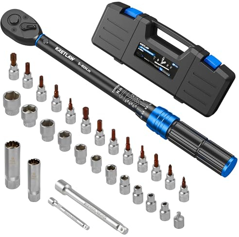 KRETLAW 30tlg. Drehmomentschlüssel Set, 3/8 Drehmoment-Schlüssel 5-60 Nm 72 Zähne, ±3% Fehlergenauigkeit mit Verlängerungen, Stecknusse, Adapter