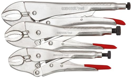 GEDORE red Gripzangensatz mit Selbstklemmfunktion, 3-teilig, 3,5-6 cm Spannweite, Einstellschraube und Auslösehebel, Chrom-Vanadium-Stahl, 7, 10 und 12 Zoll (3,5-6 cm) Länge
