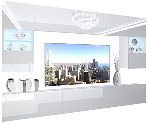 BELINI Wohnwand Schrankwand NEX 1 mit LED-Beleuchtung, Weiß | Vollausstattung Wohnzimmer-Set Moderne Schrankwand Anbauwand TV-Schrank